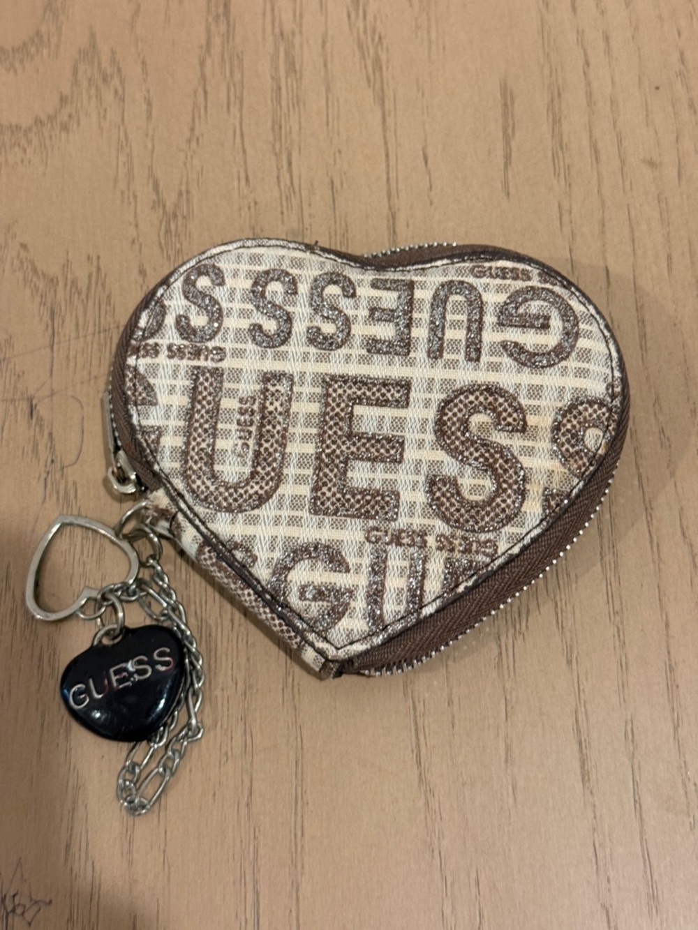 Guess Heart Coin Pouch in Beige and Brown Signature Print